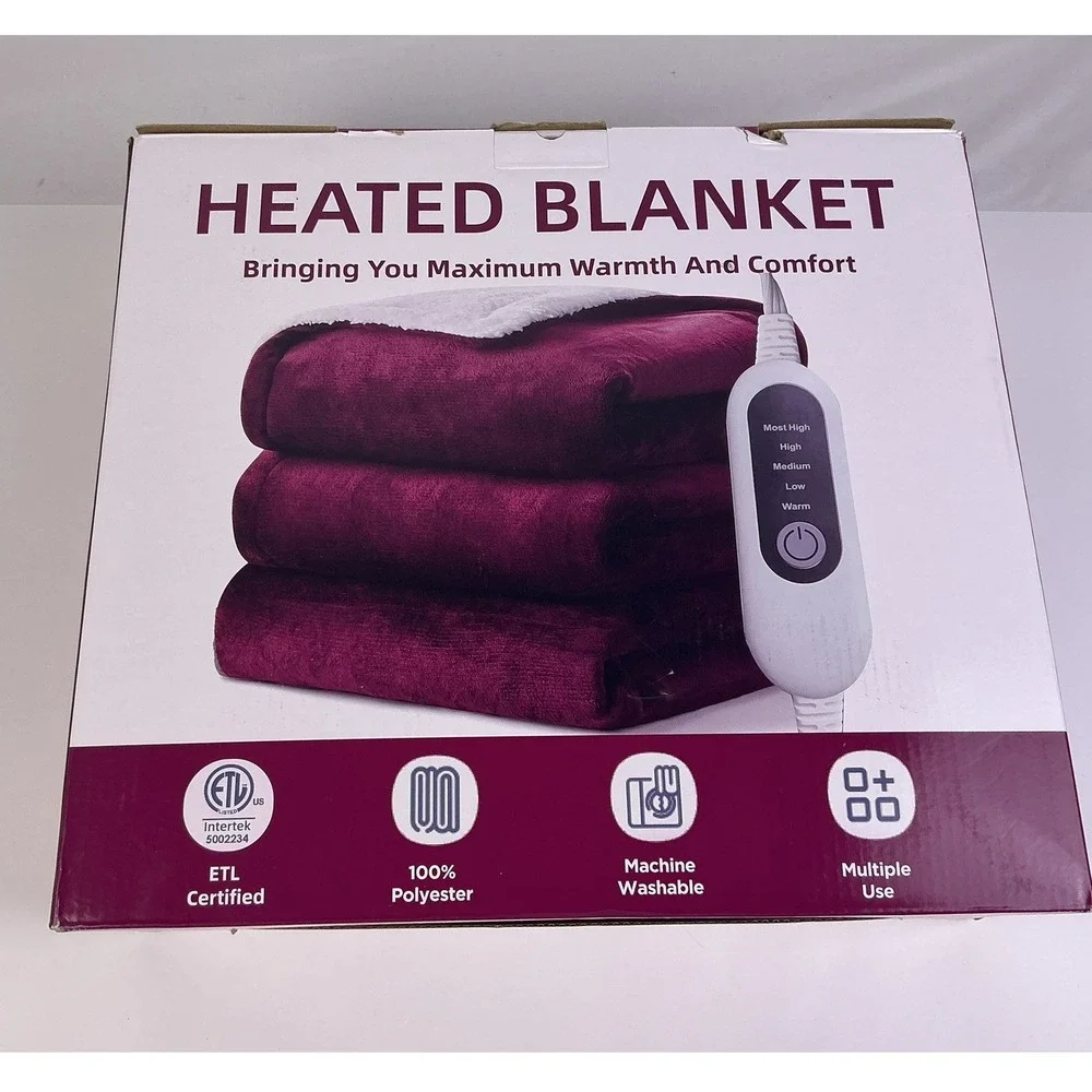 Cozy Comfort Heated Electric 50x60 Blanket Burgundy Polyester Machine Washable